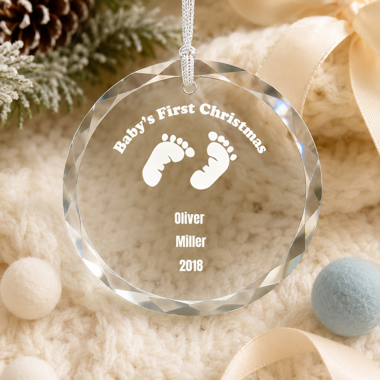 Baby's First Christmas Footprint Design personalized glass ornament gift box presentation