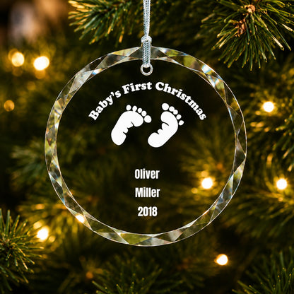 Baby's First Christmas Footprint Design personalized glass ornament Christmas tree display