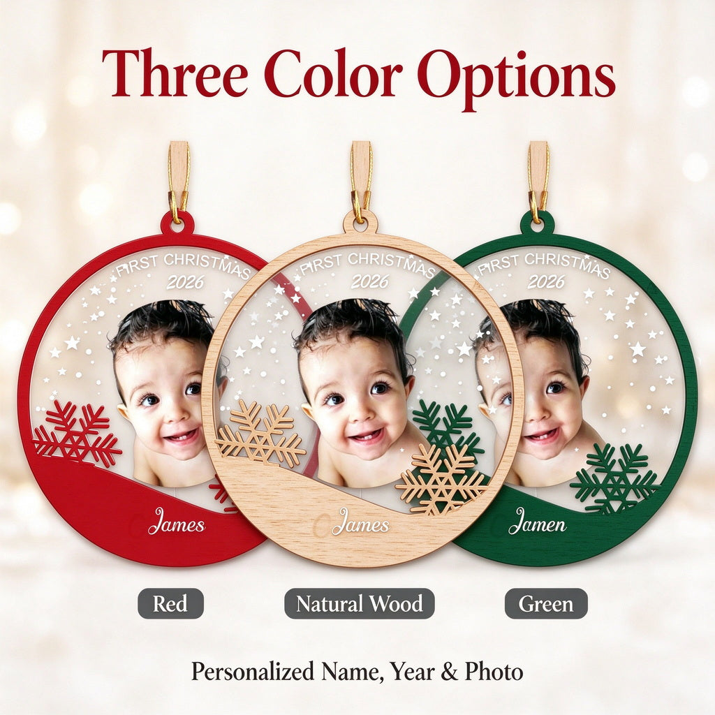 Personalized Baby Photo Christmas Ornament with Name and First Christmas Year - Christmas tree or lifestyle scene