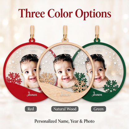 Personalized Baby Photo Christmas Ornament with Name and First Christmas Year - Christmas tree or lifestyle scene