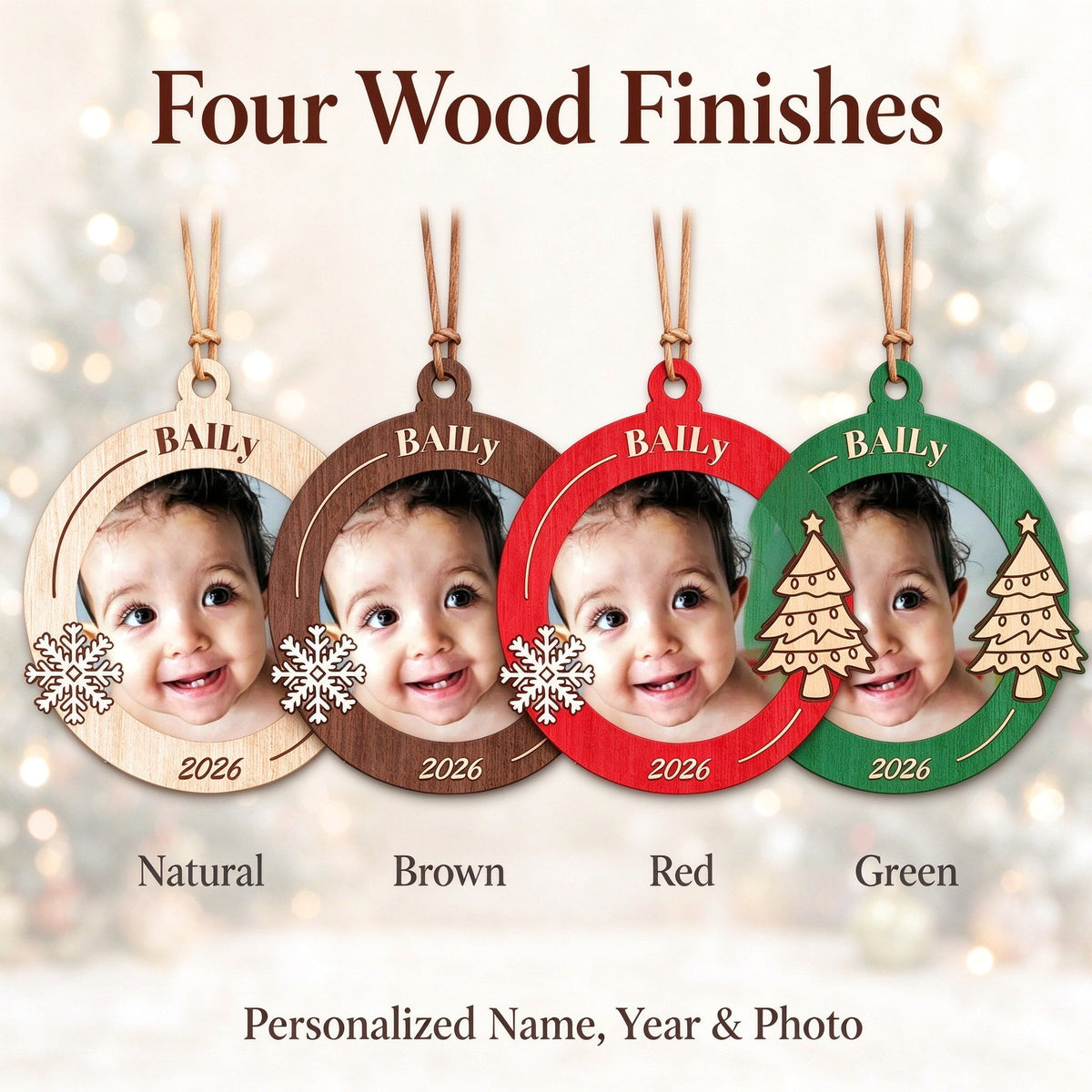 Personalized Baby Photo Wooden Christmas Ornament with Name and Year - gift presentation