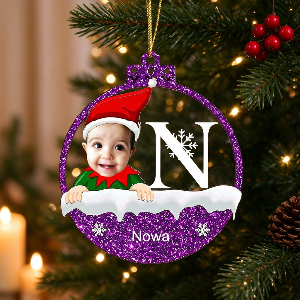 Personalized Baby Photo Christmas Ornament with Initial, Name - Christmas tree or lifestyle scene