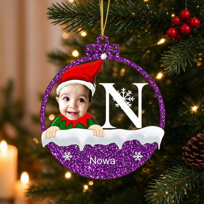 Personalized Baby Photo Christmas Ornament with Initial, Name - Christmas tree or lifestyle scene