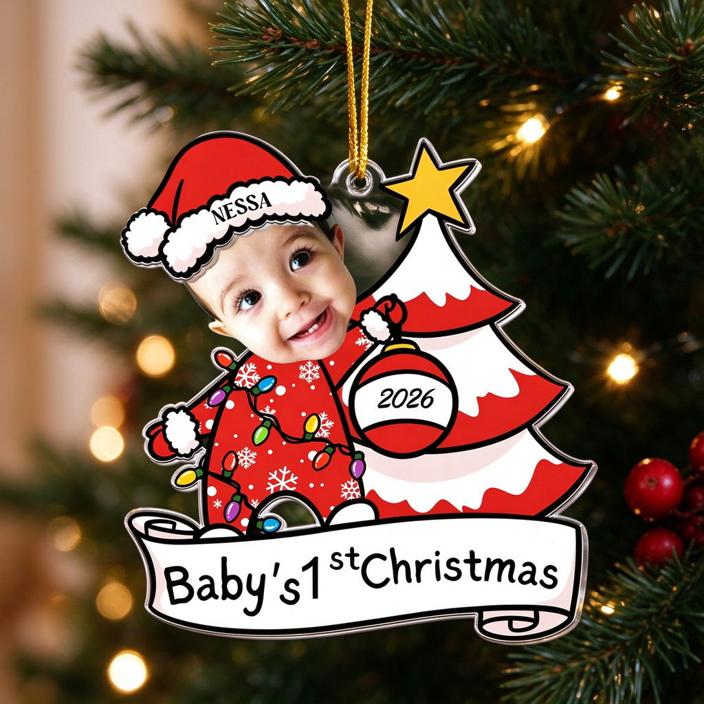 Personalized Baby’s First Christmas Ornament with Photo, Name and Year - Christmas tree or lifestyle scene