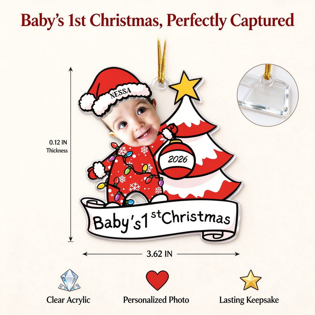 Personalized Baby’s First Christmas Ornament with Photo, Name and Year - size or option details