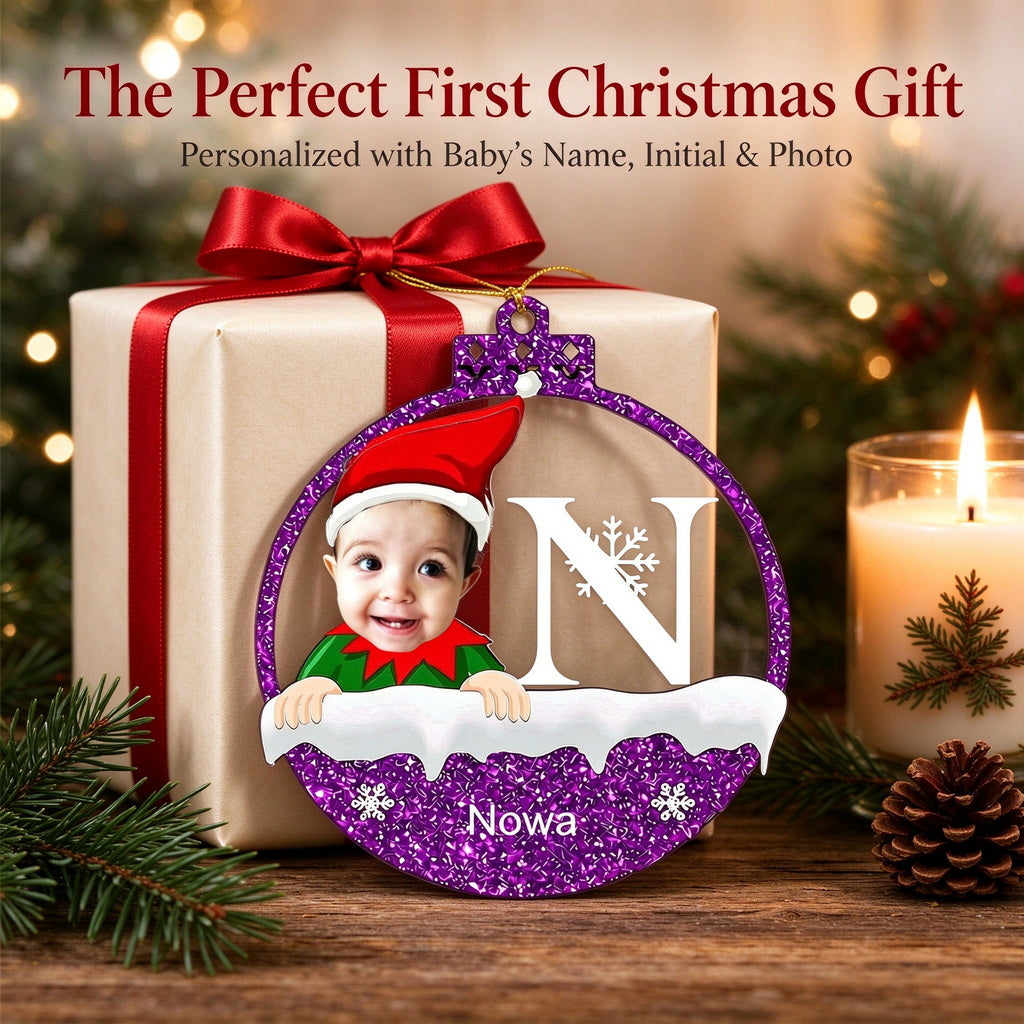 Personalized Baby Photo Christmas Ornament with Initial, Name - main product view