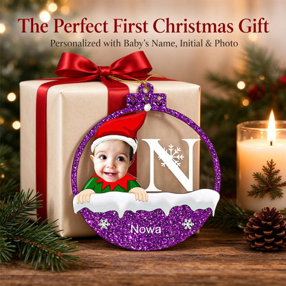 Personalized Baby Photo Christmas Ornament with Initial, Name - main product view