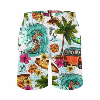 Flat lay of personalized men's swimwear. Quick dry beach shorts with surf pattern.