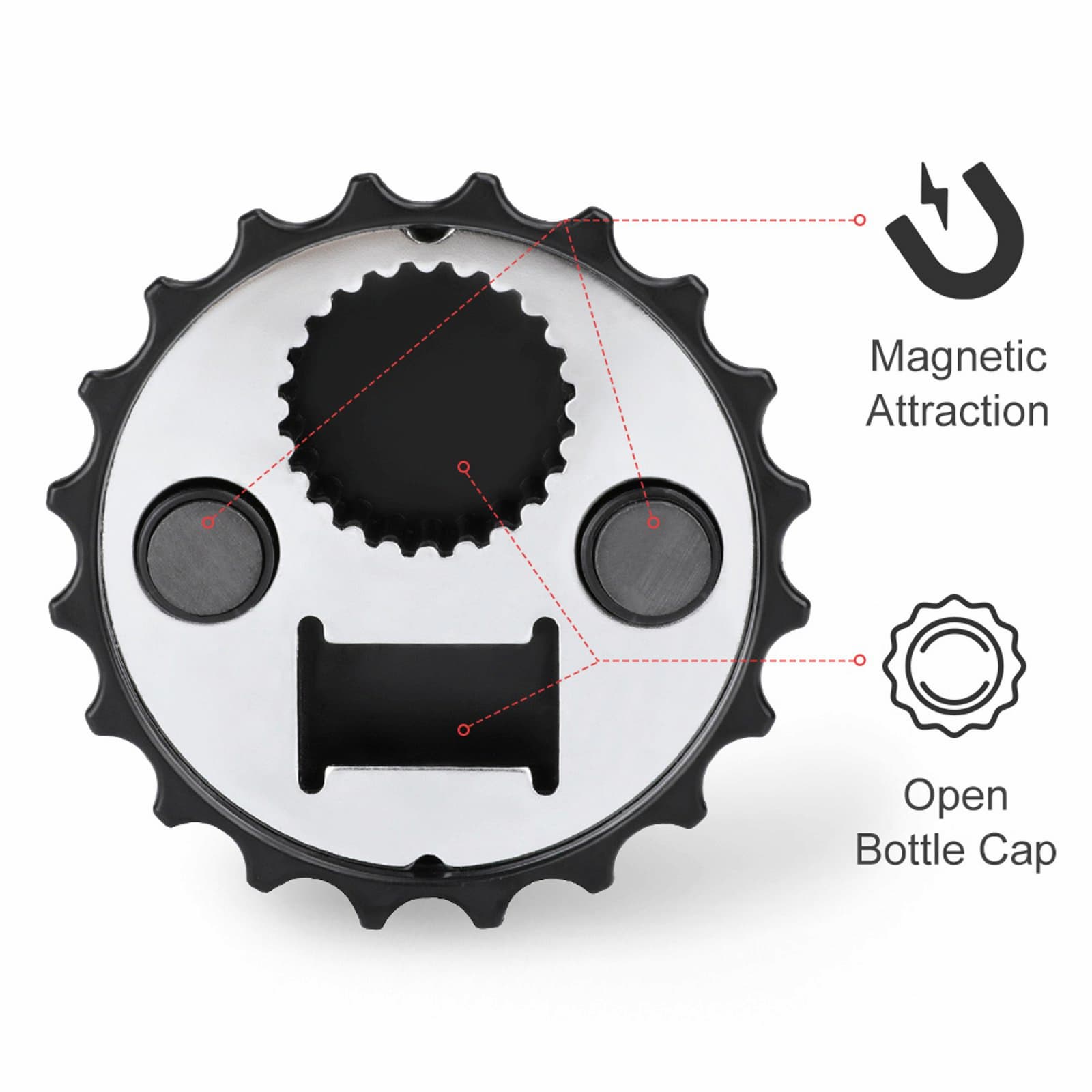 Diagram showing the magnetic attraction feature and the functional open bottle cap mechanism on the back of the unique beer opener magnet.