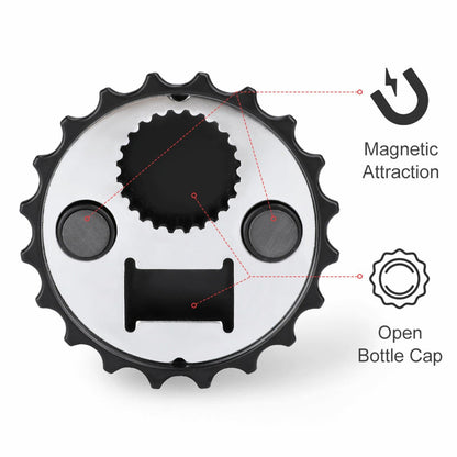 Diagram showing the magnetic attraction feature and the functional open bottle cap mechanism on the back of the unique beer opener magnet.