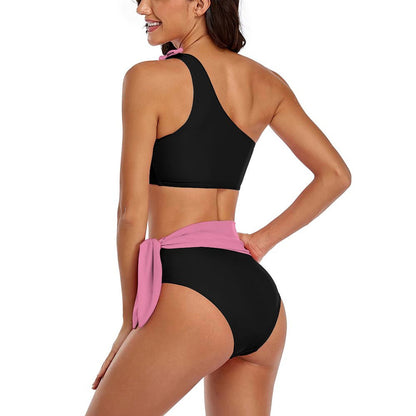 Back view of women's one shoulder high waisted swimsuit in black.