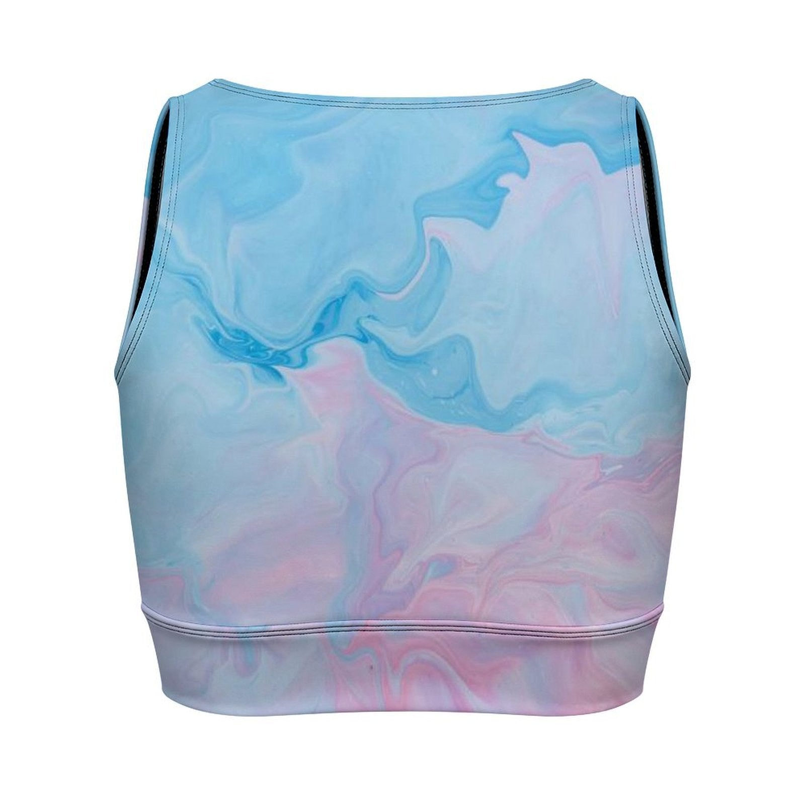 Back view of the shockproof racerback sports bra in pink and blue print.