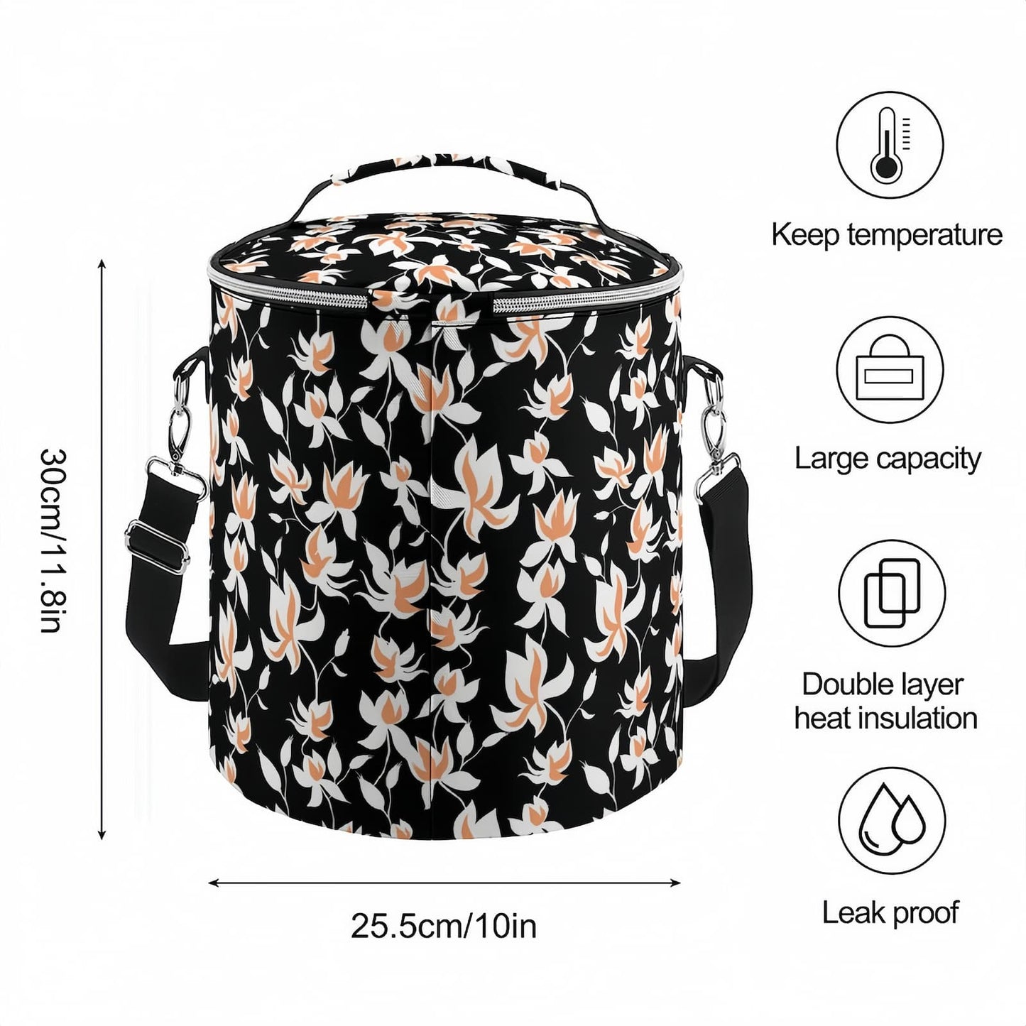 Barrel Cooler Bag dimensions (30cm/11.8in) and leakproof, double-layer heat insulation features.