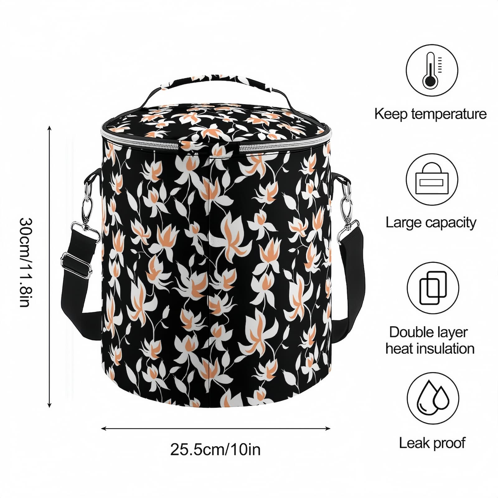 Barrel Cooler Bag dimensions (30cm/11.8in) and leakproof, double-layer heat insulation features.
