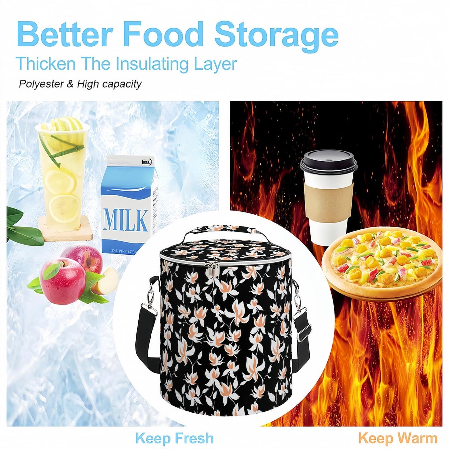 Barrel Cooler Bag graphic: keeps food hot and cold, demonstrating versatile fresh storage.