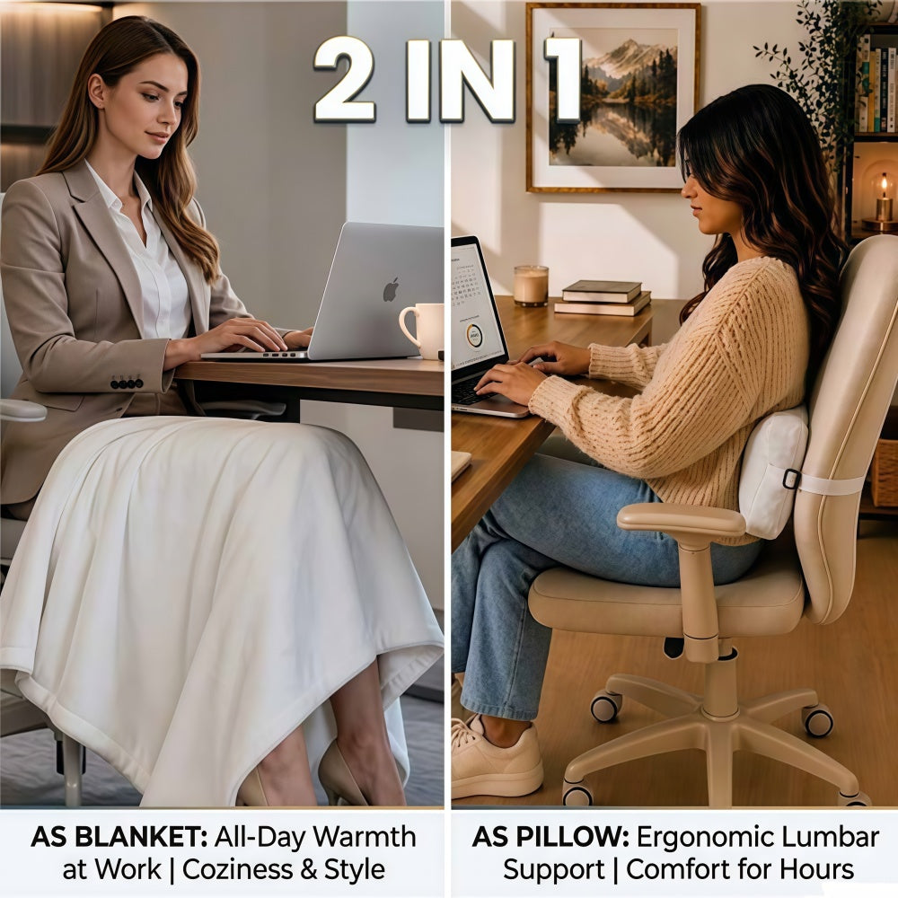Convertible pillow blanket set for office lumbar support.