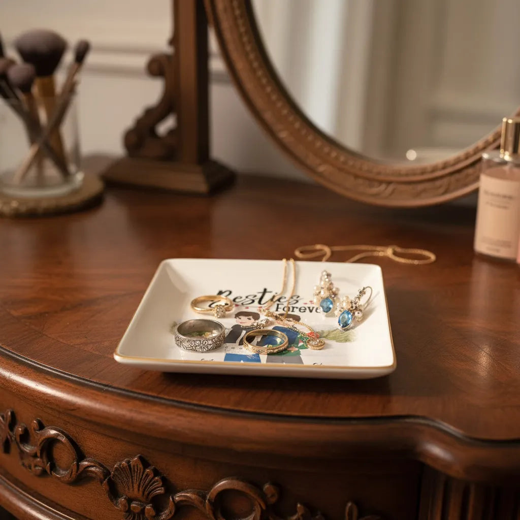 Besties jewelry dish on a wooden vanity holding rings.