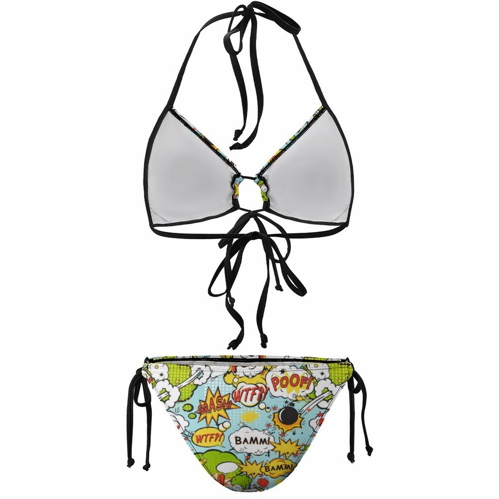 Flat lay of Personalized Bikini Set, showing the Custom Print on the Triangle Top and Tie String Bottoms.