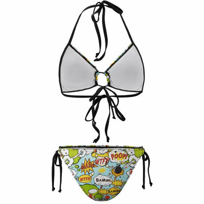Flat lay of Personalized Bikini Set, showing the Custom Print on the Triangle Top and Tie String Bottoms.