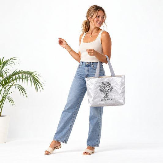 Tote bag personnalisé avec fleur de naissance et prénom, cadeau floral minimaliste pour femme, maman, anniversaire et usage quotidien