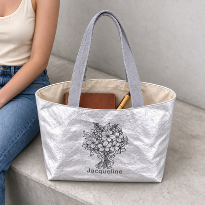 Personalized Birth Flower Tote Bag with Custom Name, Minimal Floral Gift for Women, Mom, Birthday & Everyday Use