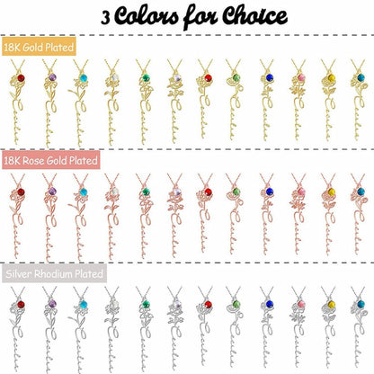 Birthstone and flower chart for custom necklaces in 3 metal finishes.