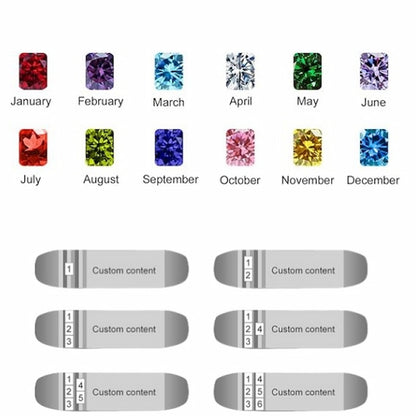 Birthstone chart for each month. Custom content engraving options for mens ring.