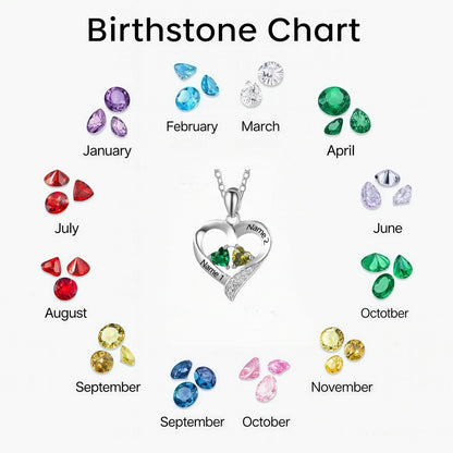 Birthstone Chart showing colors for personalized 2 Heart Necklace customization.