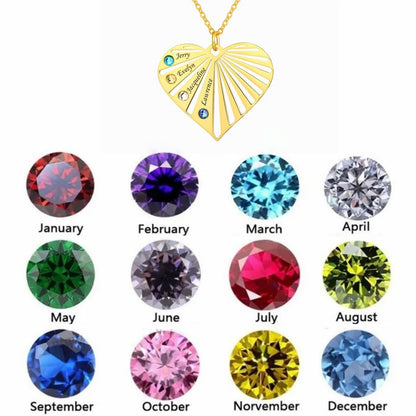 Simulated birthstone chart with a gold personalized heart necklace below, highlighting custom name and birthstone options.