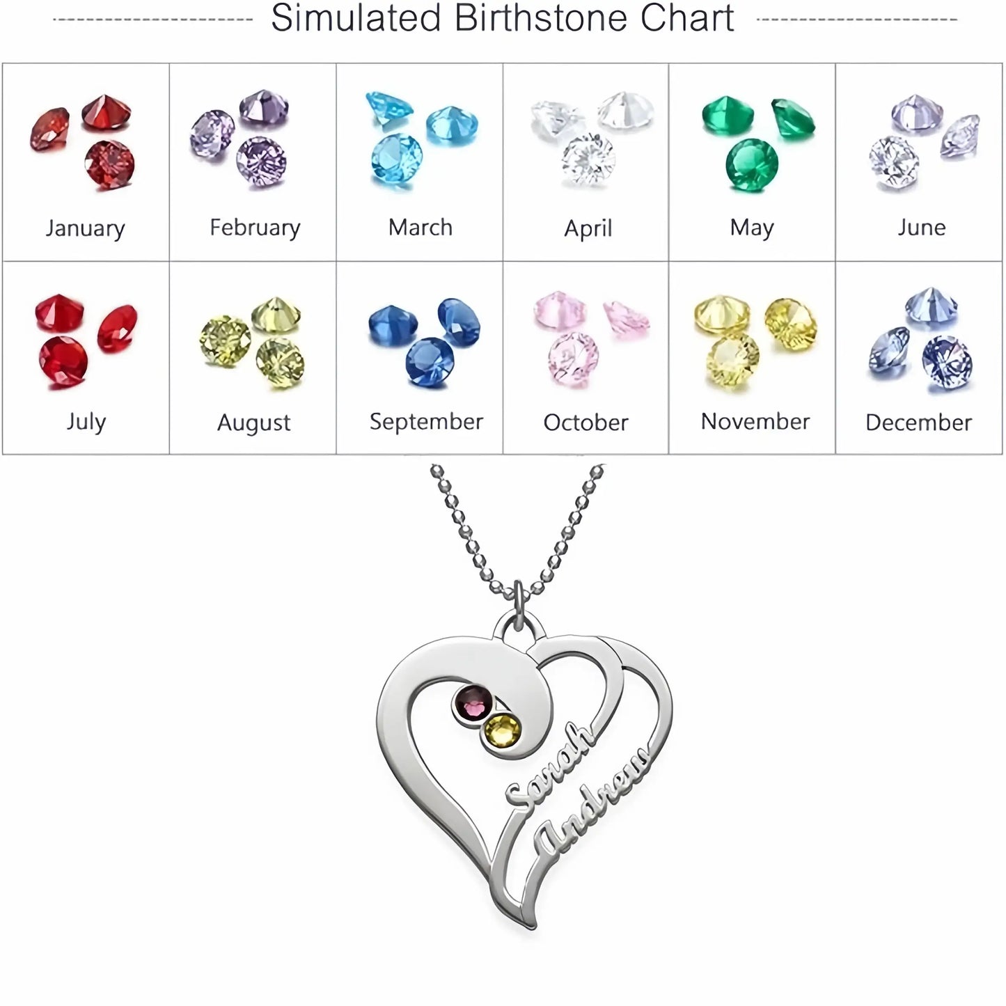 Customized heart-shaped name jewelry for couples, featuring two birthstones in a romantic design.