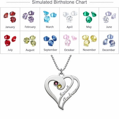 Customized heart-shaped name jewelry for couples, featuring two birthstones in a romantic design.