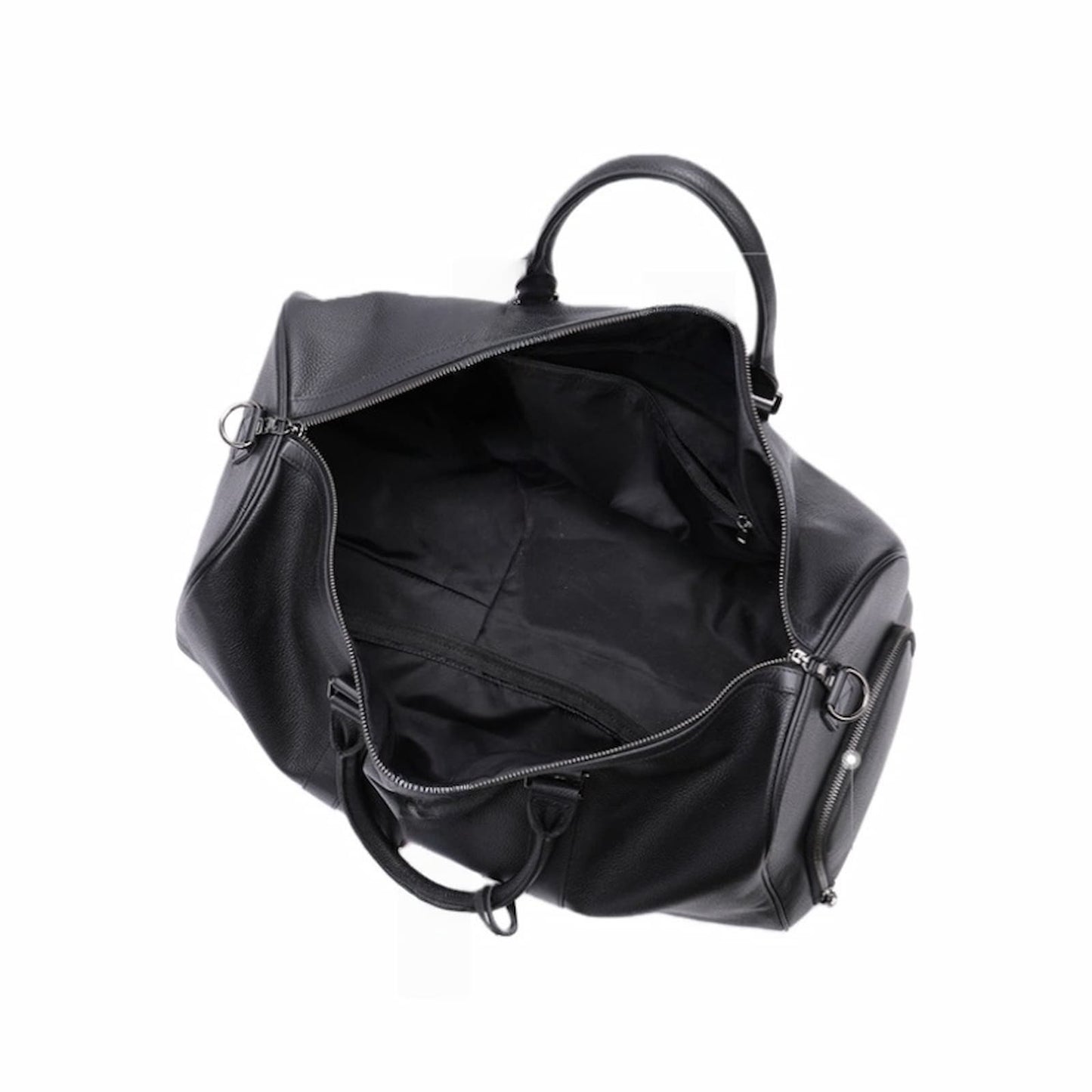 Large capacity black leather travel bag or carry-on luggage with personalized embossing.