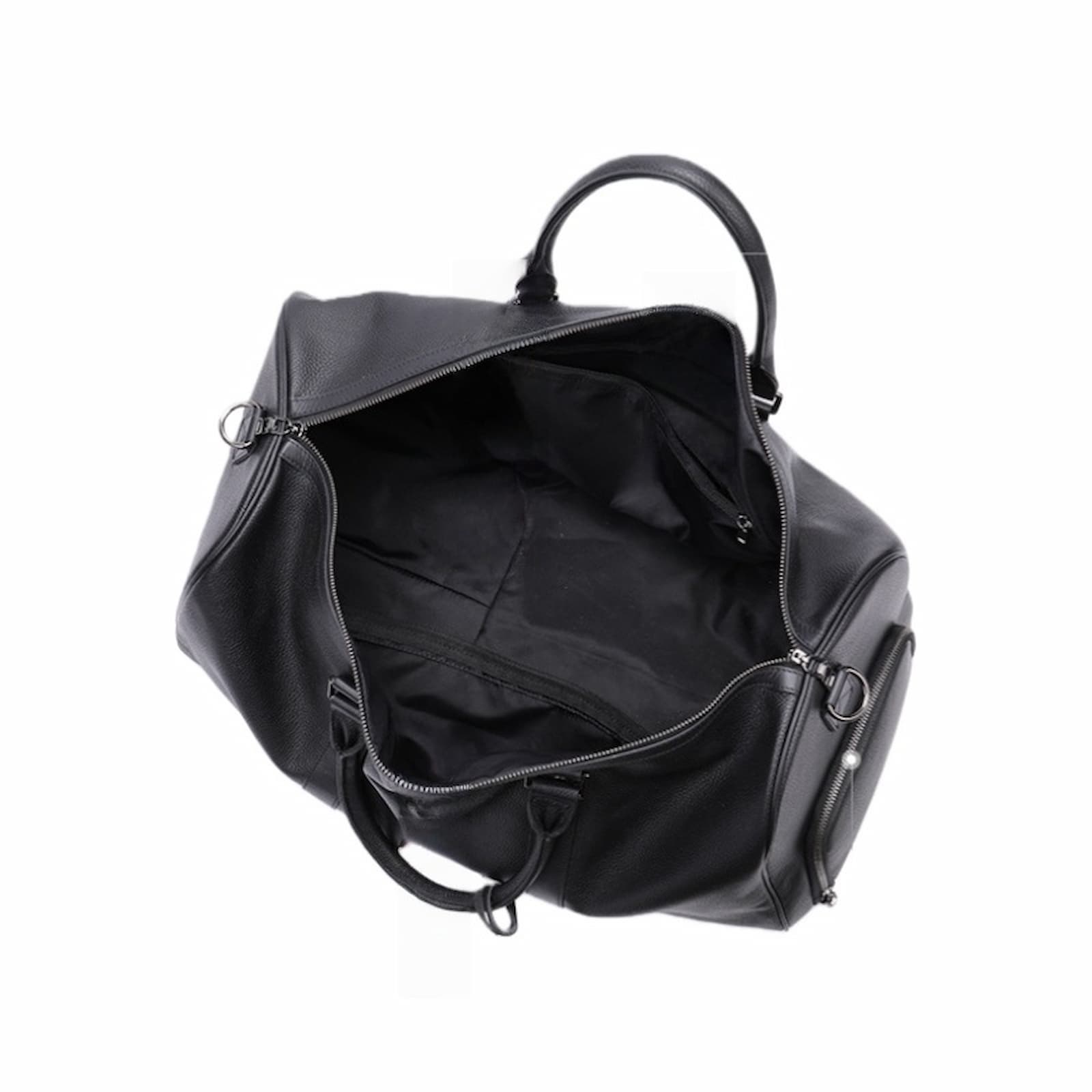 Large capacity black leather travel bag or carry-on luggage with personalized embossing.