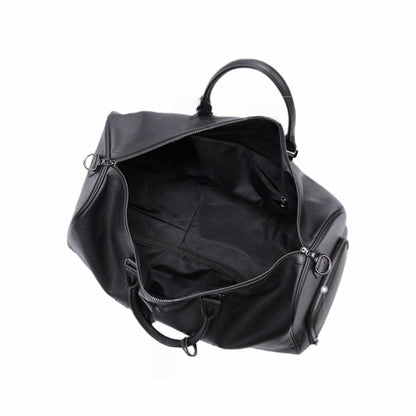 Large capacity black leather travel bag or carry-on luggage with personalized embossing.