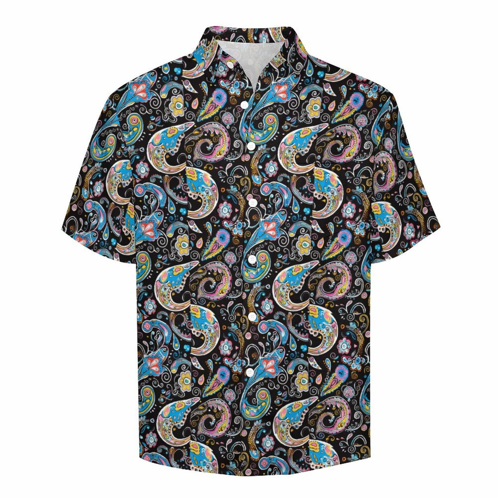 Black paisley men's tropical holiday beach shirt, front view.