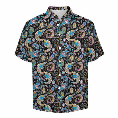Black paisley men's tropical holiday beach shirt, front view.