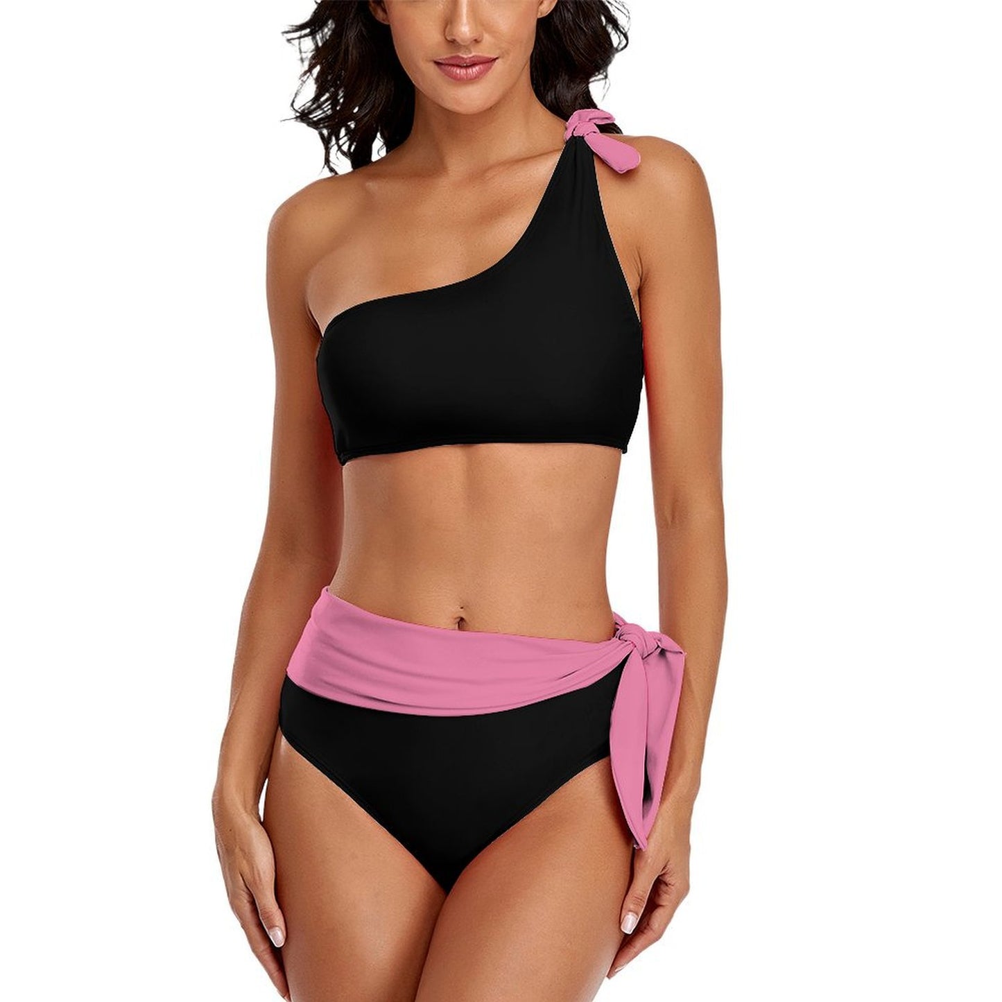 Front view of black one shoulder bathing suit with pink waist sash.