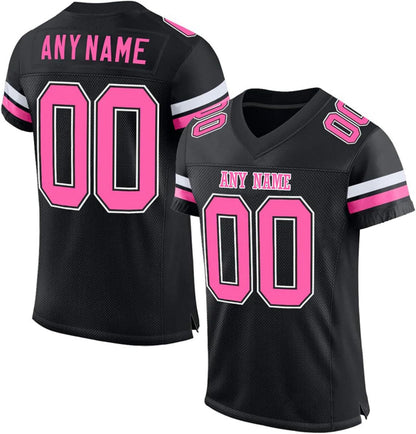 Women's Personalized Black Pink Football Jersey fit showing breathable, sports uniform fabric.