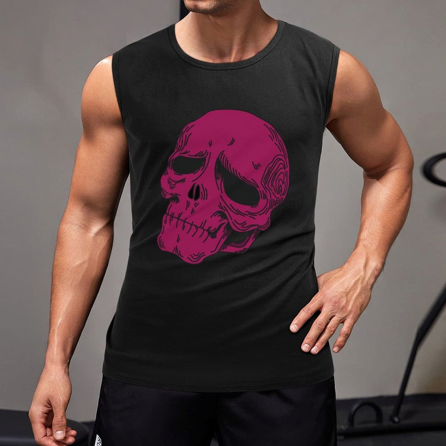 Black Sleeveless Shirt Skull Print Model In Workout Vest.