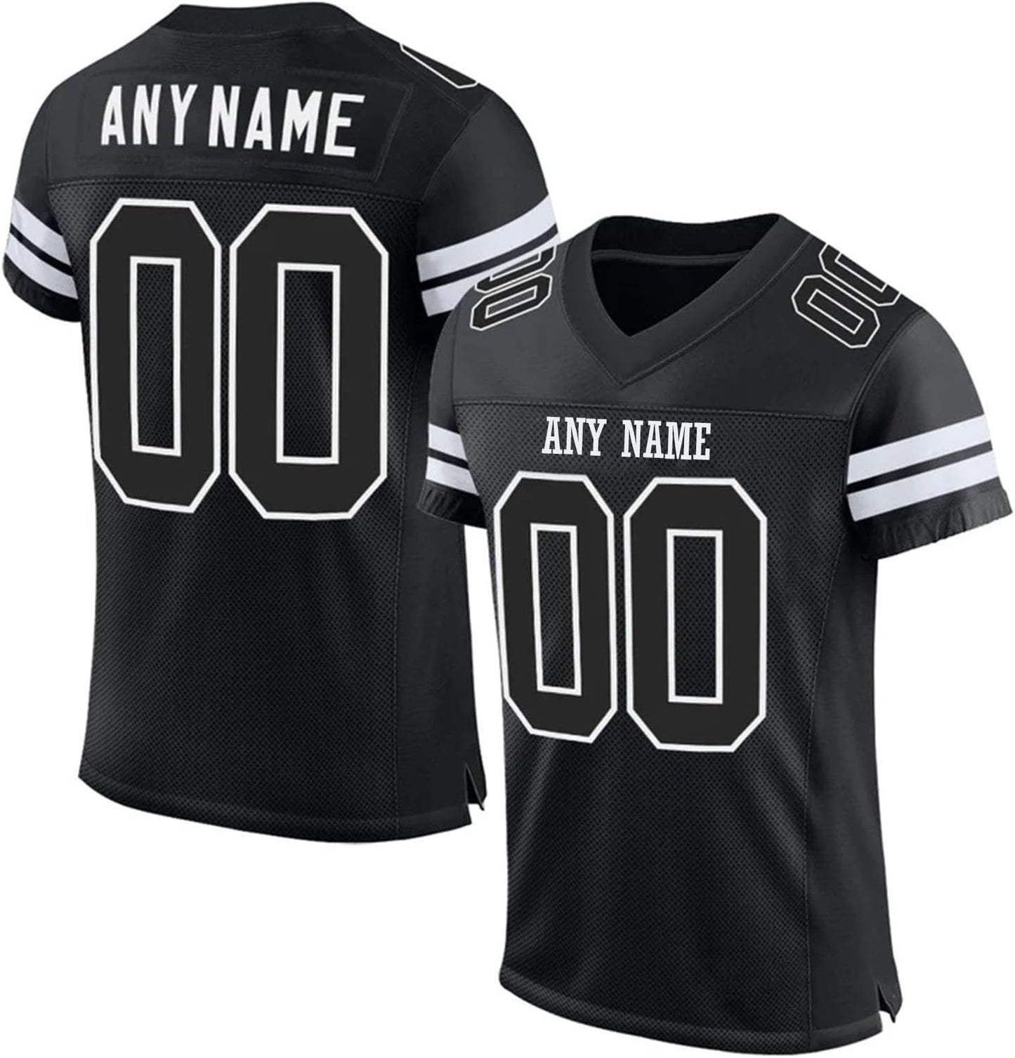 Custom Stitched Men Football Jersey in Black White, showing team name and large numbers. 