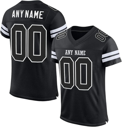 Custom Stitched Men Football Jersey in Black White, showing team name and large numbers. 