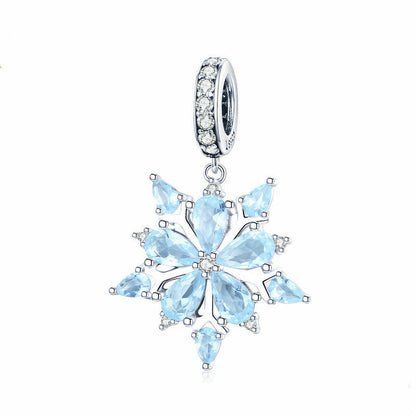 Blue Crystal Snowflake Dangle Charm, Sterling Silver, Winter Jewelry.