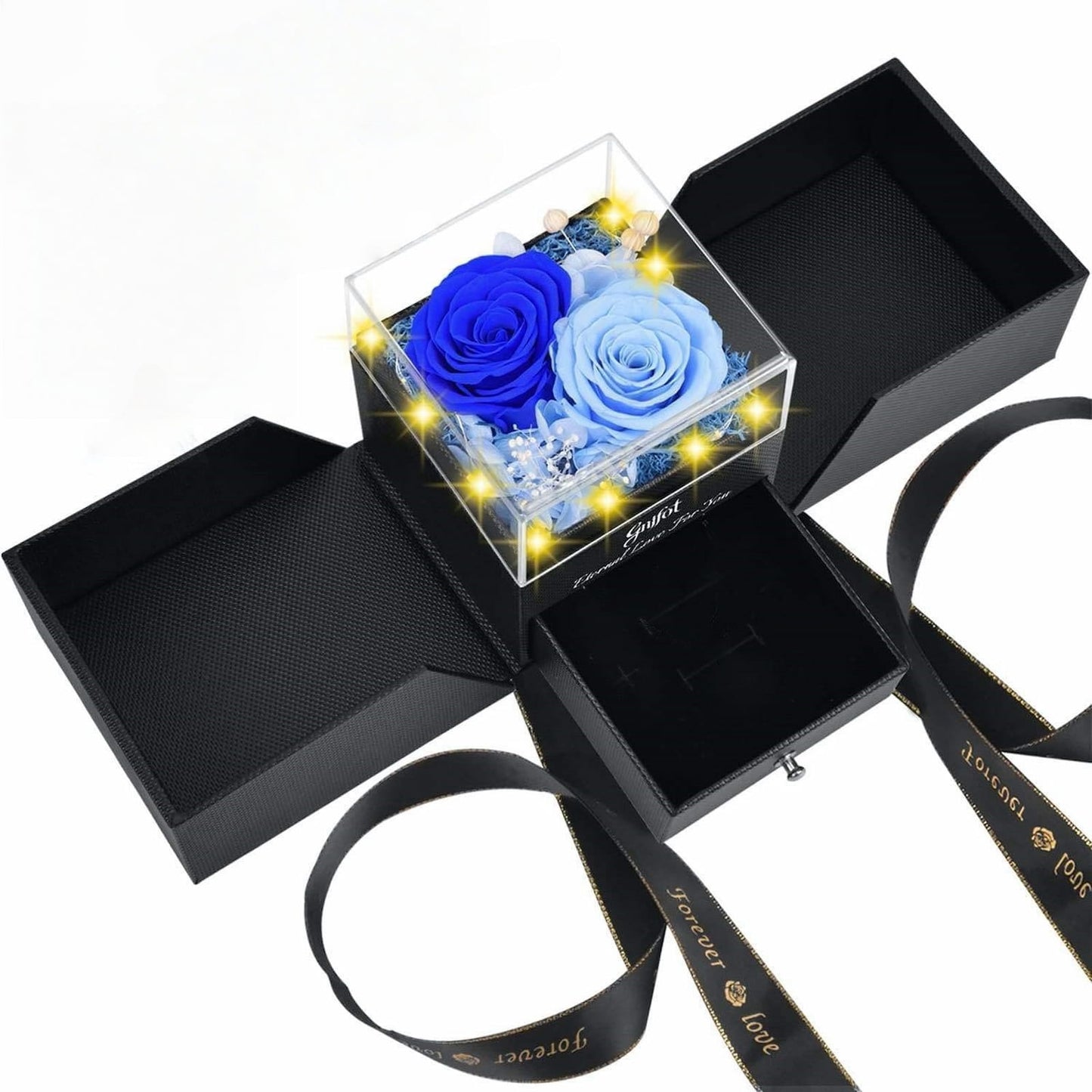 Deep and light blue ombre preserved roses in a luxury LED jewelry box.