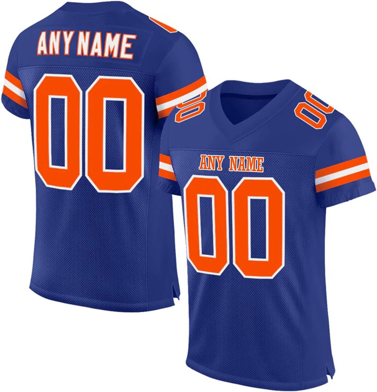 Women's Personalized Football  Blue Orange Jersey fit showing breathable, sports uniform fabric.