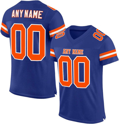 Women's Personalized Football  Blue Orange Jersey fit showing breathable, sports uniform fabric.