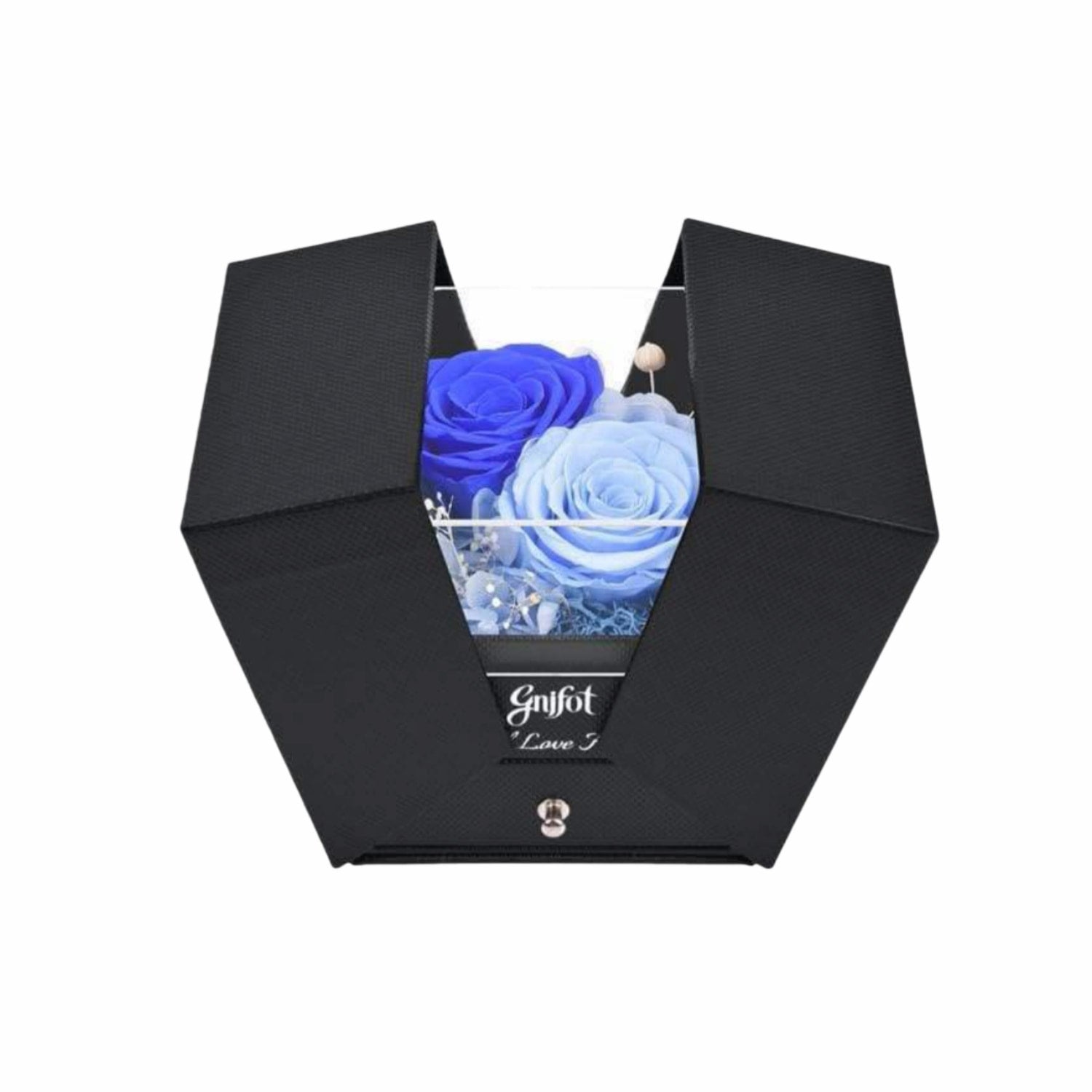 Blue preserved rose jewelry box with unique split-open double doors.