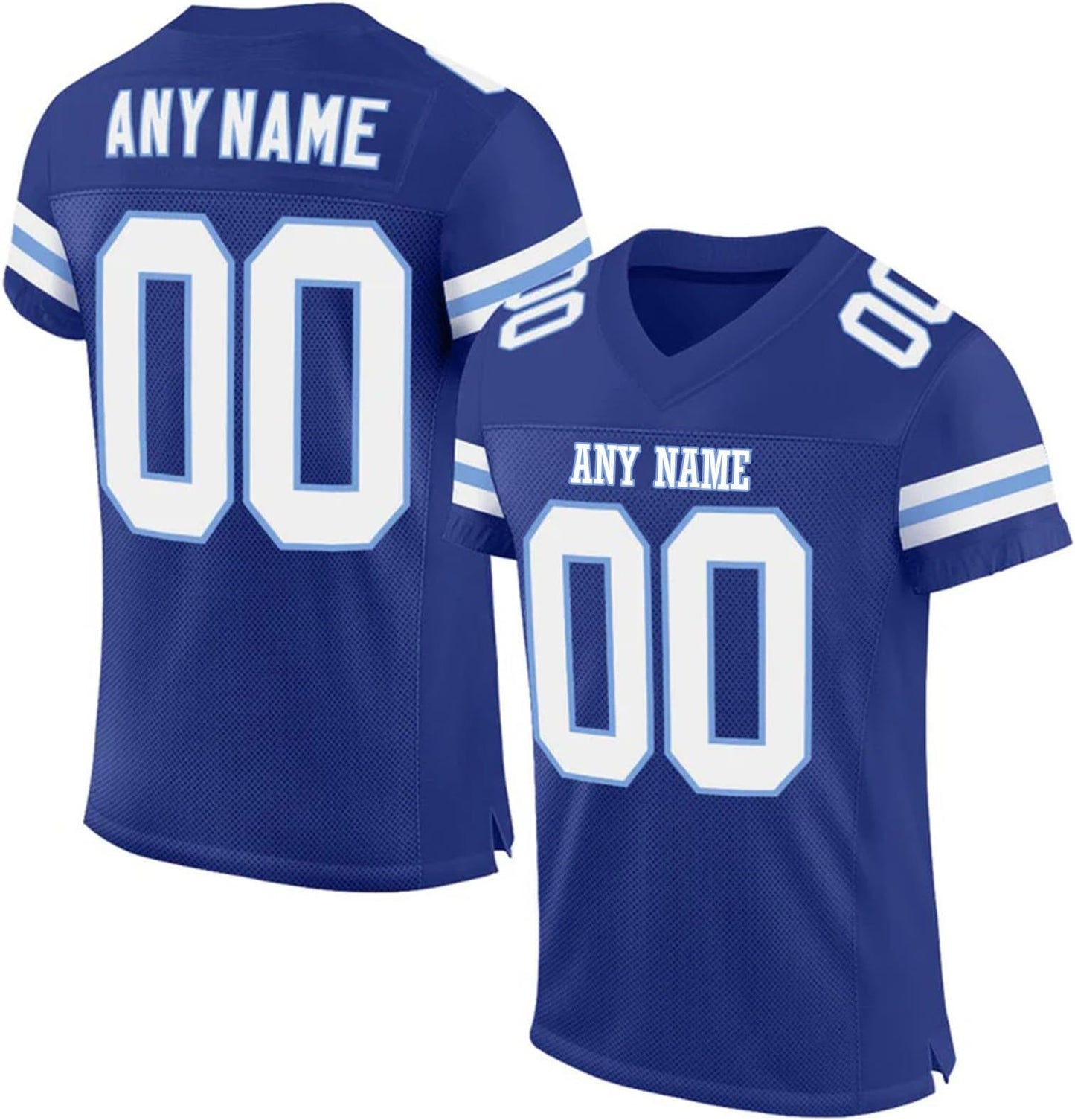 Women's Personalized Football Blue White Jersey fit showing breathable, sports uniform fabric.