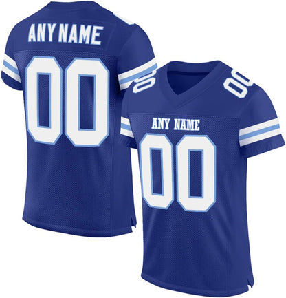 Women's Personalized Football Blue White Jersey fit showing breathable, sports uniform fabric.