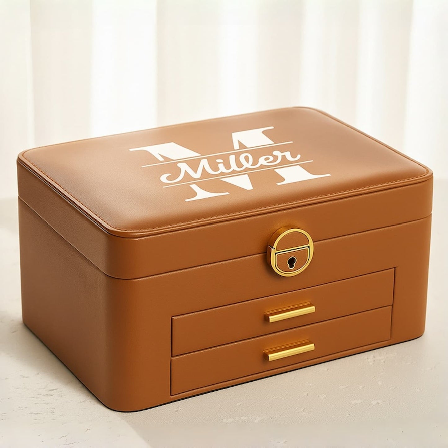 jewelry box featuring white custom initial and last name personalization on the lid.