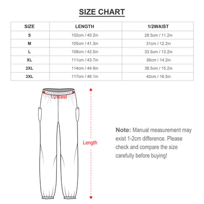 Boho harem yoga pants size chart for women; length and waist measurements in cm/inches.